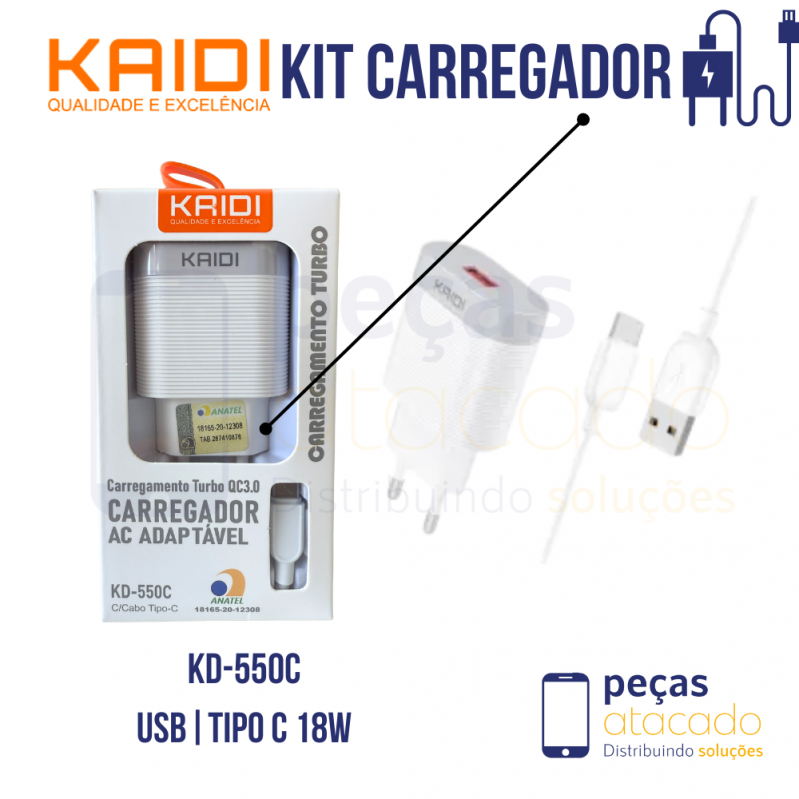 KIT CARREGADOR KAIDI USB | MICRO USB V8 18W (TURBO) KD-550S