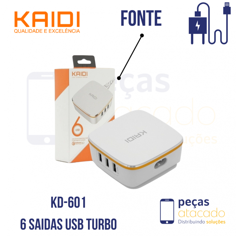 FONTE KAIDI 6 SAIDAS USB 3.0 TURBO 7A (KD-601)