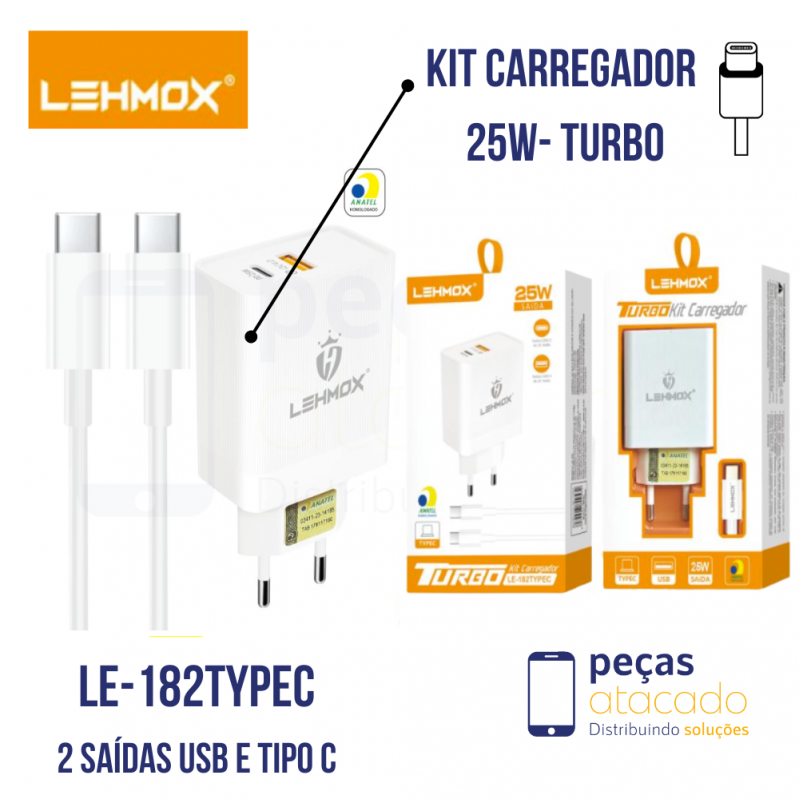 KIT CARREGADOR (LEHMOX) USB + PD  PARA TIPO C 25W (LE-182TYPEC)