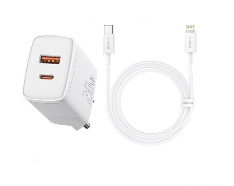 KIT CARREGADOR BASEUS LIGHTNING COM DUAS ENTRADAS USB-C | USB COMPACT 20W (12610)