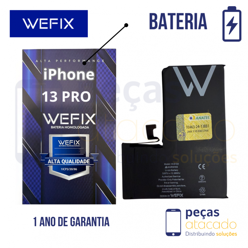 BA-0624 BATERIA WEFIX IPHONE 13 PRO (A2643) ANATEL (1 ANO DE GARANTIA)