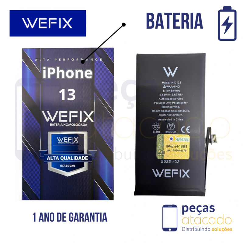 BA-0625 BATERIA WEFIX IPHONE 13 (A2631) ANATEL (1 ANO DE GARANTIA)