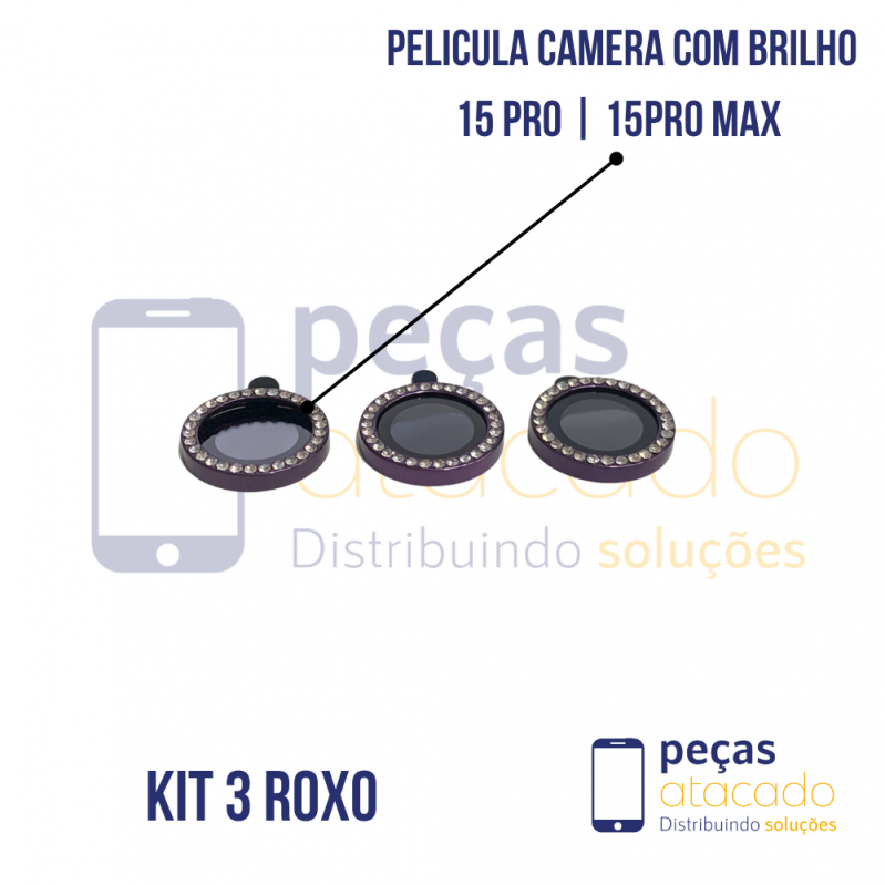 PELICULA DE CAMERA IPHONE 15 PRO | 15 PRO MAX COM BRILHO ROXA (KIT)