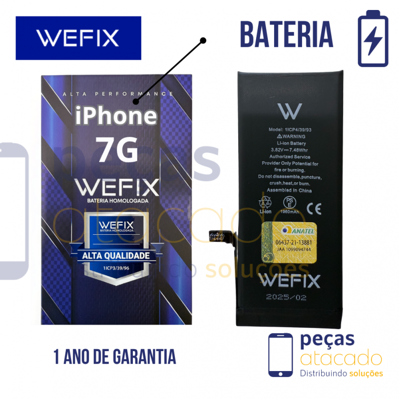 BA-0612 BATERIA WEFIX IPHONE 7G (A1660) ANATEL (1 ANO DE GARANTIA)