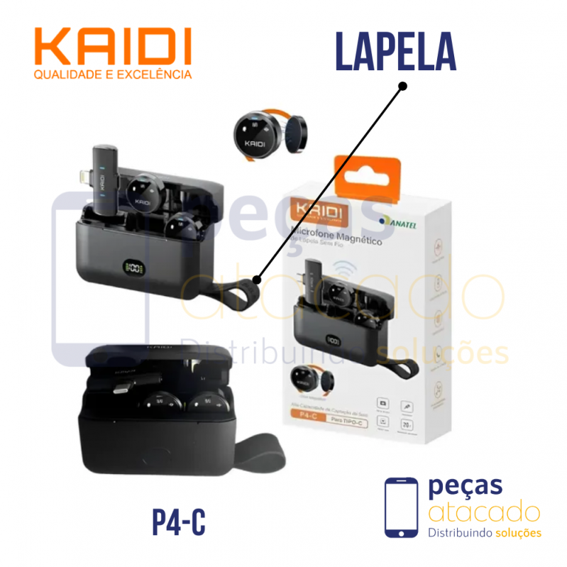 MICROFONE LAPELA TIPO C MAGNETICO KAIDI (P4-C) COM CAIXA