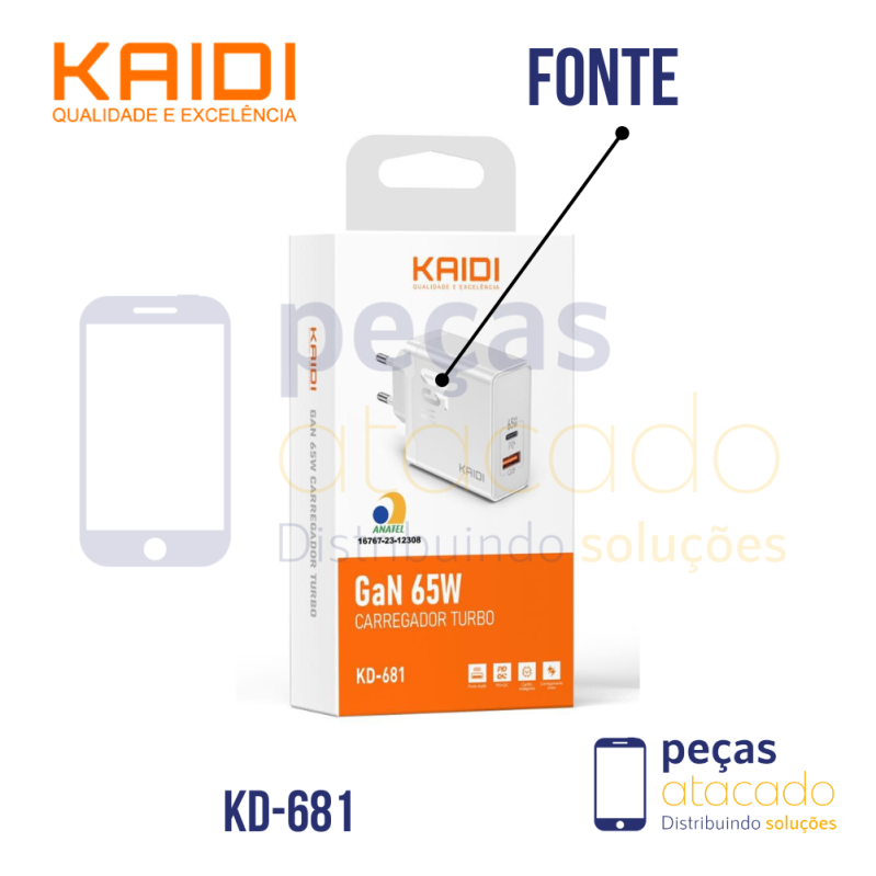 KIT CARREGADOR KAIDI USB PARA TIPO C 65W (KD-681CC)