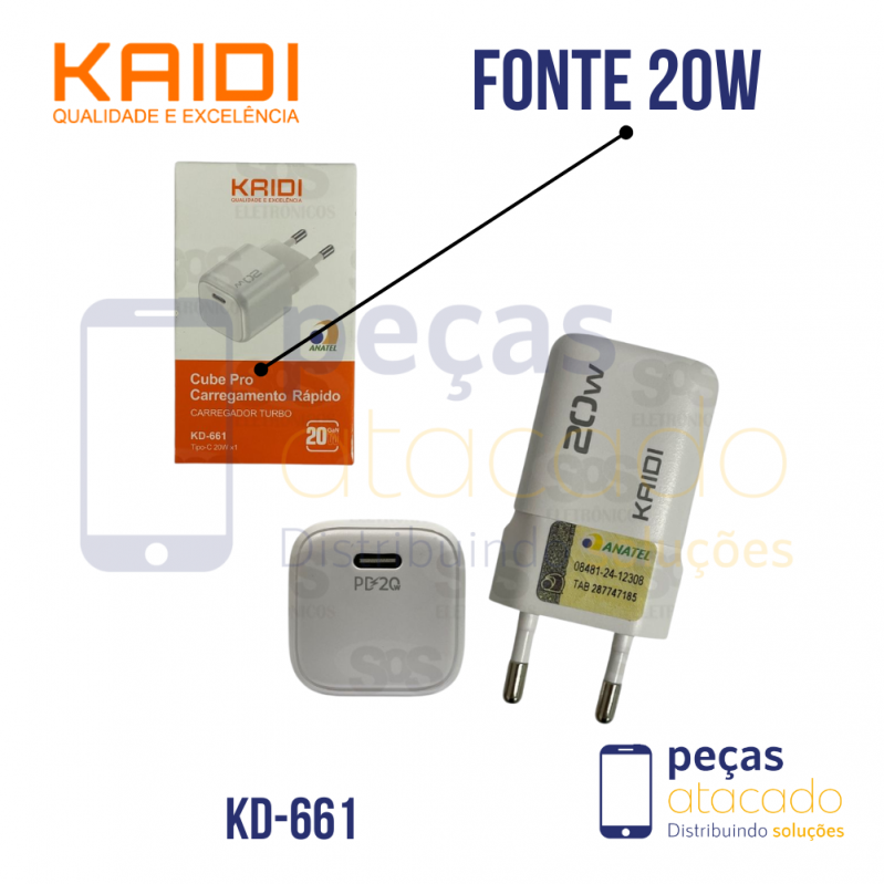 KIT CARREGADOR KAIDI USB C / LIGHTNING 20W GAN (KD-661CL)