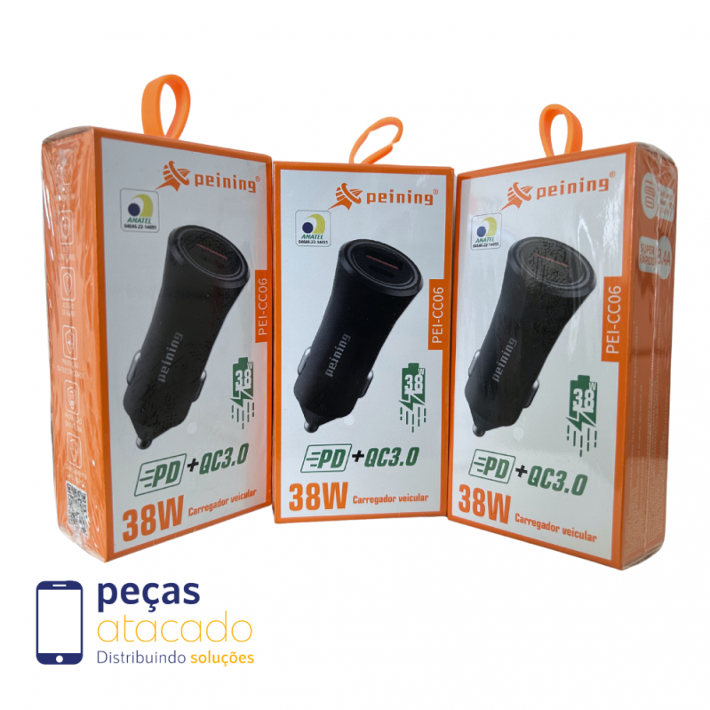 FONTE VEICULAR PEINING DUAS SAIDAS USB | USB-C 38W (PEI-CC06)