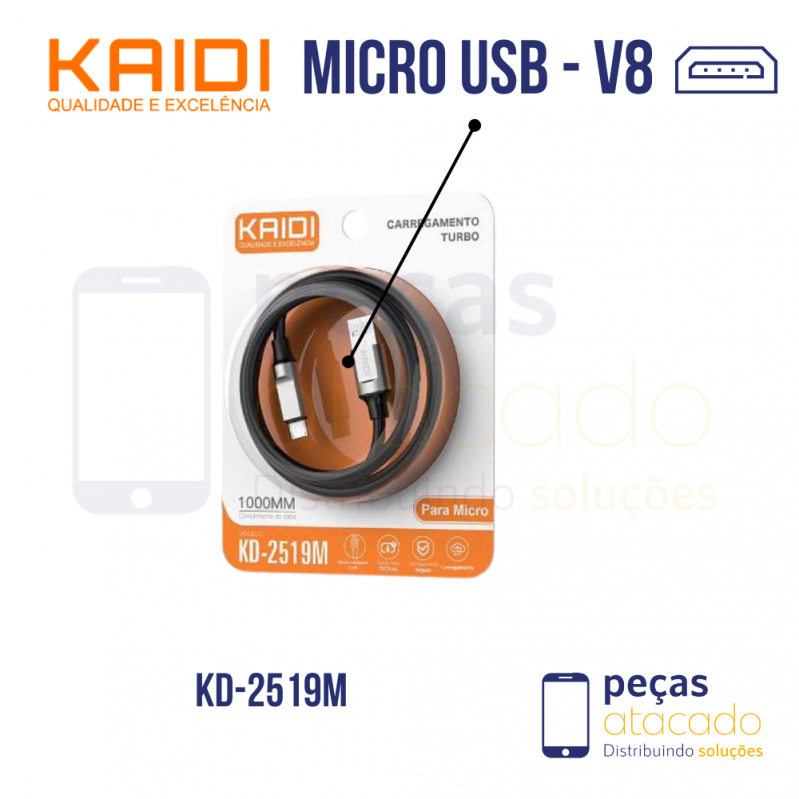CABO CARREGAMENTO TURBO USB | V8 BRANCO KAIDI (KD-2519M)