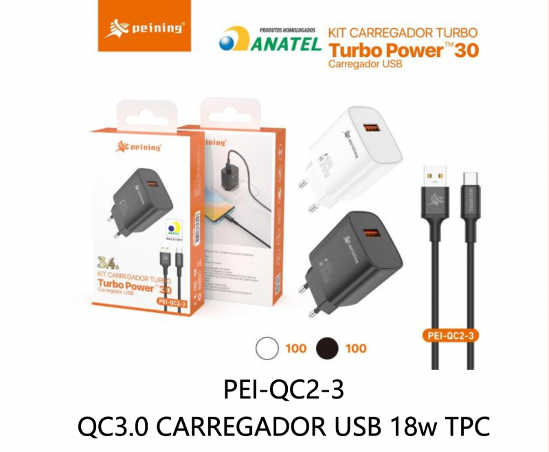 KIT CARREGADOR PEINING TURBO USB PARA TIPOC 18W TURBO (PEI-QC2-3)
