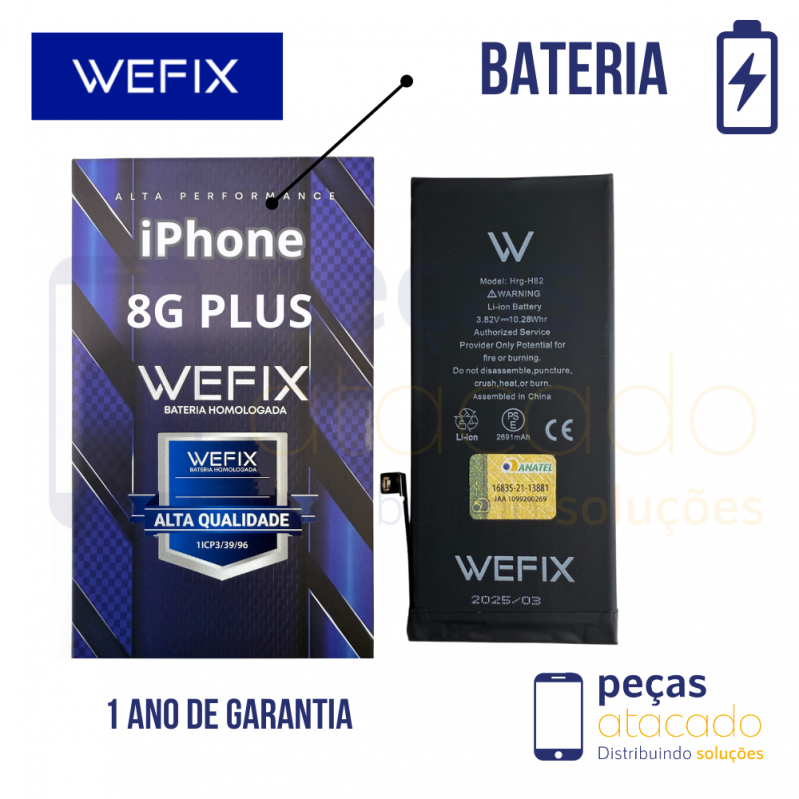 BA-0648 BATERIA WEFIX IPHONE 8G PLUS (A1664) ANATEL (1 ANO DE GARANTIA)