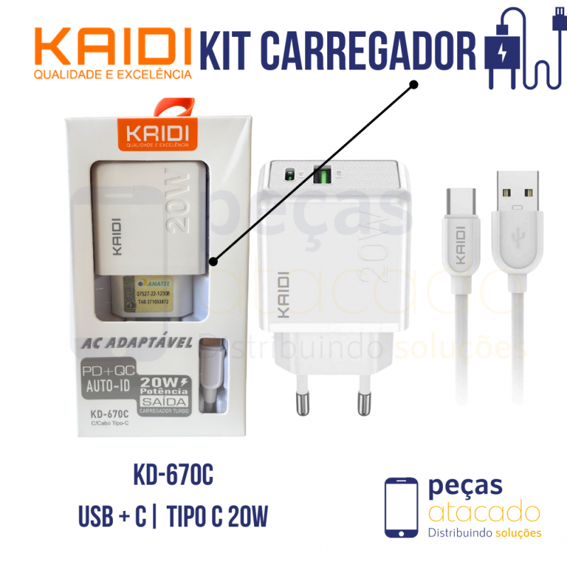 KIT CARREGADOR KAIDI USB + C | TIPO C 20W KD-670C