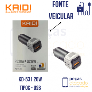 FONTE VEICULAR KAIDI USB | TIPOC PD 20W (KD-531)