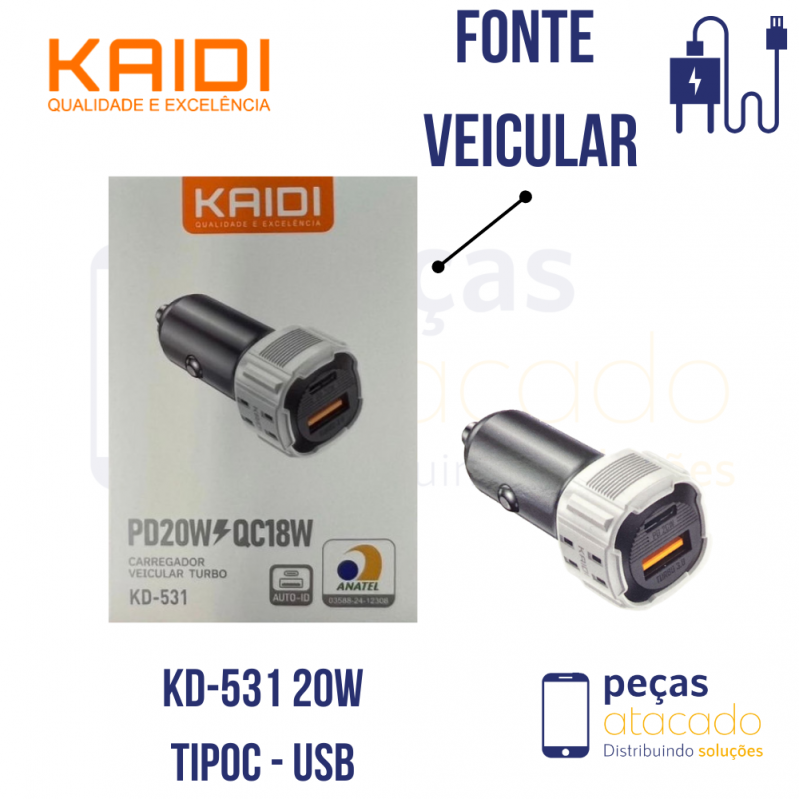FONTE VEICULAR KAIDI USB | TIPOC PD 20W (KD-531)