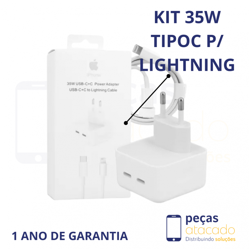 KIT CARREGADOR APPLE 1 LINHA DUAS ENTRADAS USB-C USB-C | LIGHTNING 35W (1 ANO DE GARANTIA)