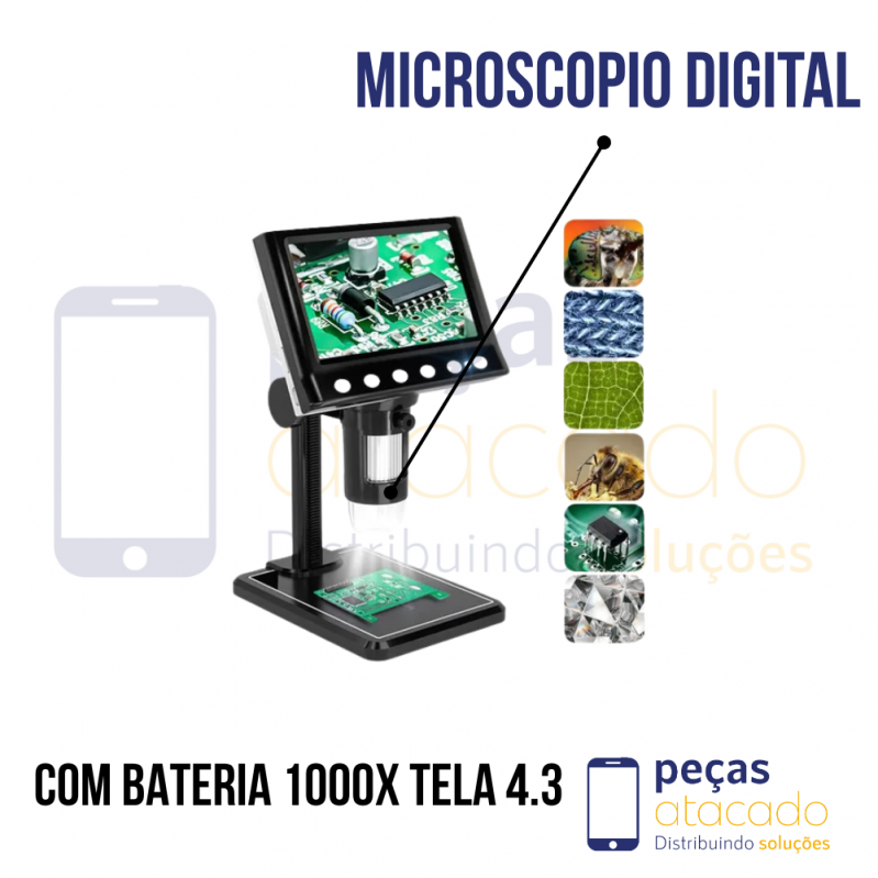 MICROSCOPIO DIGITAL COM BATERIA 1000X TELA 4.3
