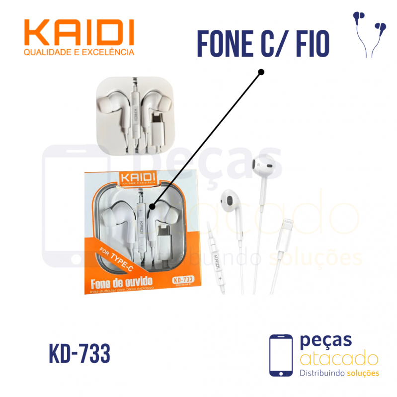 FONE DE OUVIDO KAIDI COM FIO TIPO C (KD-733)