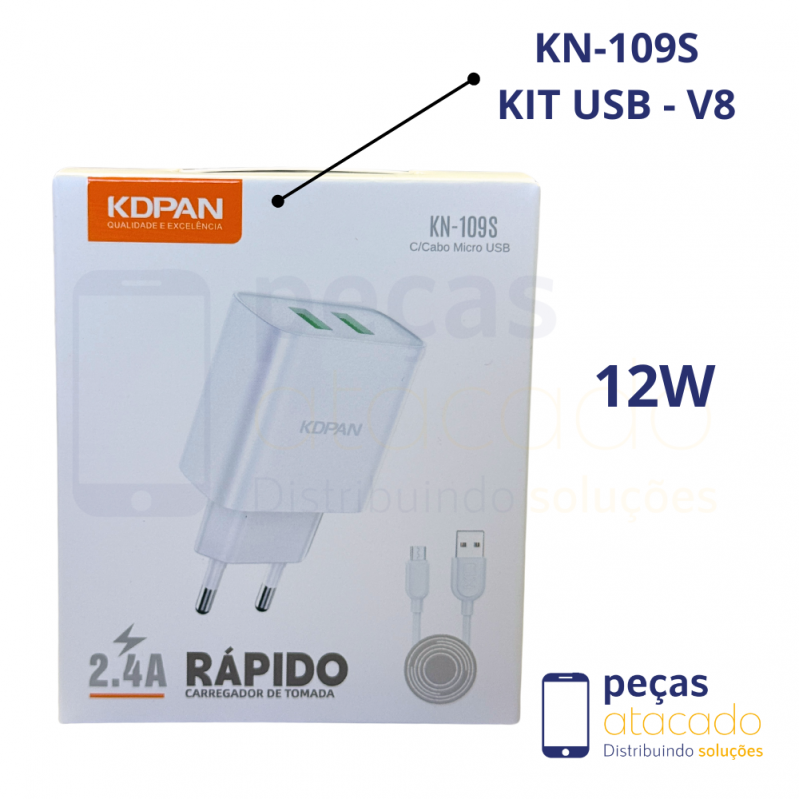 KIT CARREGADOR KDPAN (KAIDI) USB PARA LIGHTNING 2.4A (KN-109A)