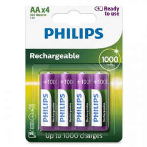 PILHAS RECARREGÁVEIS PHILIPS 1000MAH | R6B4RTU10/97 AAX4 – 4 UNIDADES