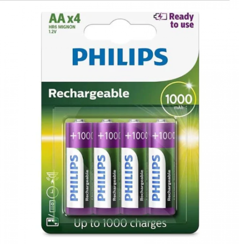 PILHAS RECARREGÁVEIS PHILIPS 1000MAH | R6B4RTU10/97 AAX4 - 4 UNIDADES