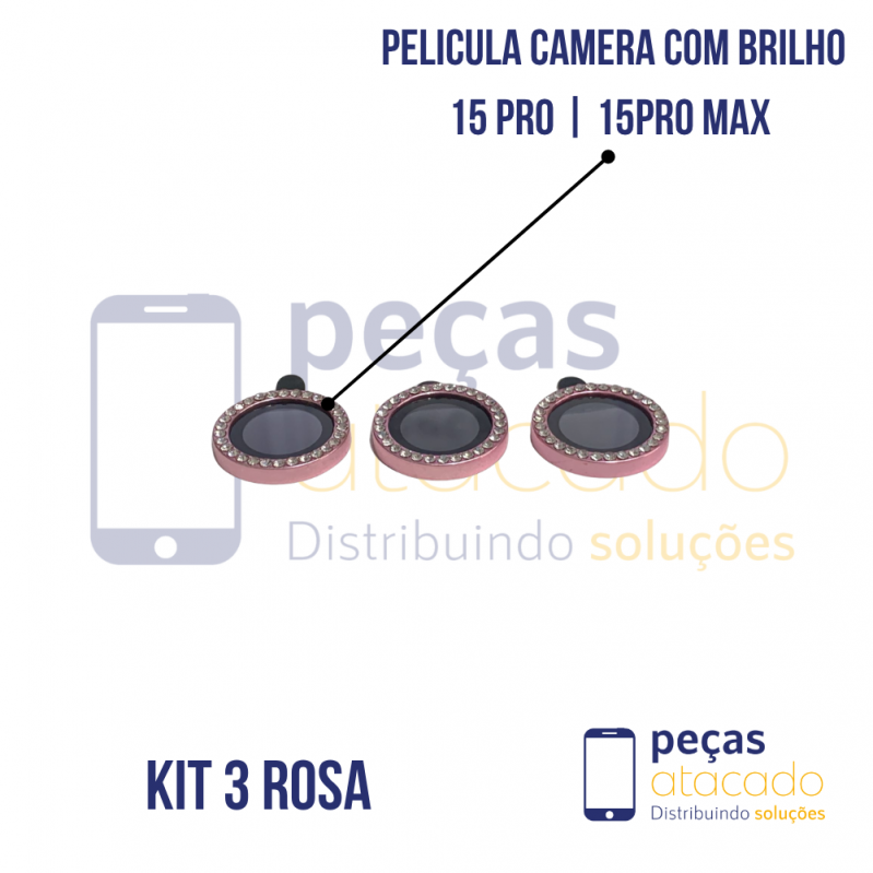 PELICULA DE CAMERA IPHONE 15 PRO | 15 PRO MAX COM BRILHO ROSA (KIT)