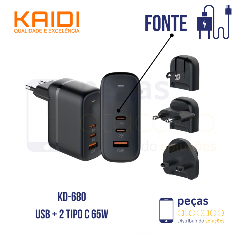 FONTE KAIDI USB + 2 TIPO C 65W (KD-680) COM ADAPTADOR GAN