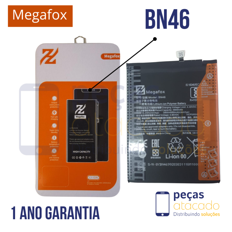 BA-0677 BATERIA MEGAFOX XIAOMI NOTE 8 | NOTE 6 | REDMI 7 | NOTE 8T (BN46) (1 ANO DE GARANTIA)