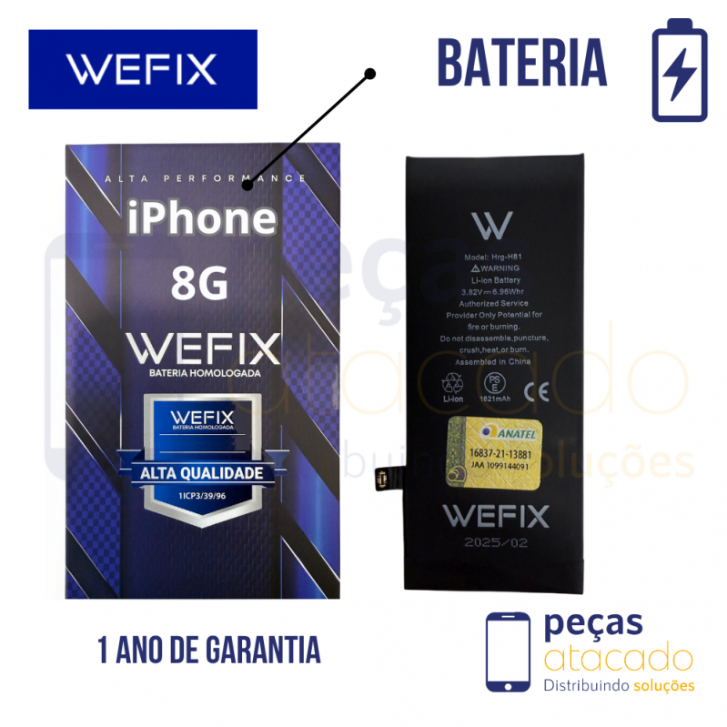 BA-0622 BATERIA WEFIX IPHONE 8G (A1863) ANATEL (1 ANO DE GARANTIA)